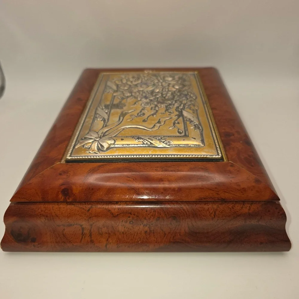 Acca Italy Burl Wood Jewelry Box Castellani Floral Sterling Silver 925 Plate
